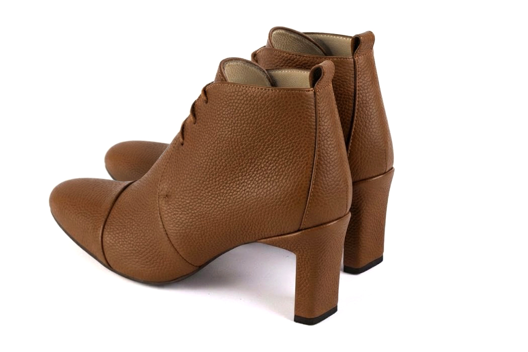 Women's cognac front lace-up ankle boots with round toe and mid comma heel - Rear view
